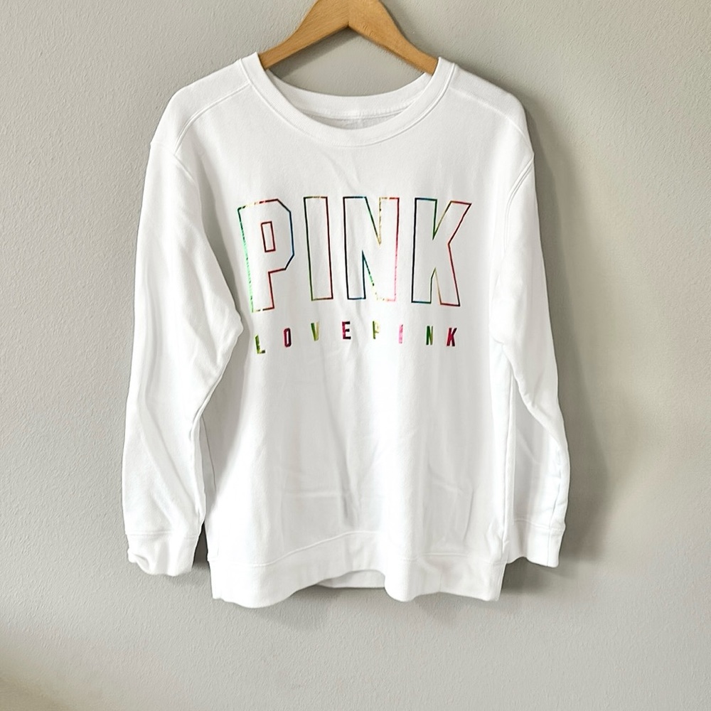 PINK Victoria's Secret Love Pink Crewneck Sweatshirt White/Rainbow L/XL
